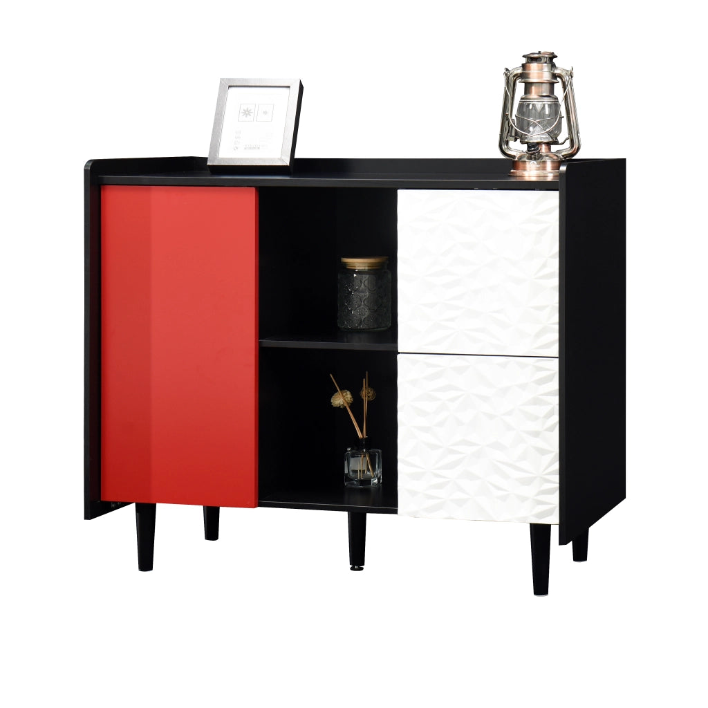 Credenza Buffet con Ante Nere e Rosse ¨C Xylo ¨C 2 Cassetti, Ripiani Aperti, Legno