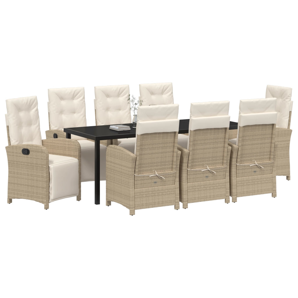 Set Pranzo Giardino 9 Pezzi Cuscini Beige in Rattan Polietilene