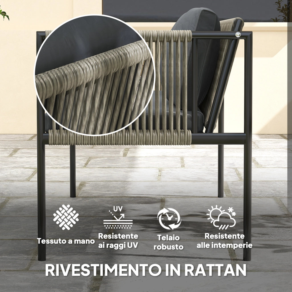 Set Salotto da Giardino in Rattan ¨C zephmum ¨C Grigio, 2 Poltrone, Divanetto 2 Posti, Tavolino Vetro