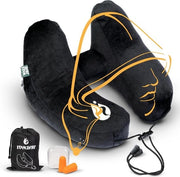 Cuscino gonfiabile con cappuccio e auricolari - Cuscino gonfiabile per viaggiatori per adulti - Cuscino gonfiabile regolabile con 5 posizioni di riposo - Nero