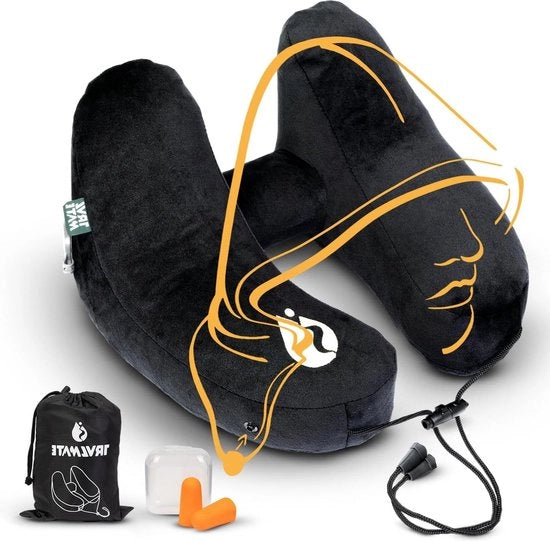 Cuscino gonfiabile con cappuccio e auricolari - Cuscino gonfiabile per viaggiatori per adulti - Cuscino gonfiabile regolabile con 5 posizioni di riposo - Nero