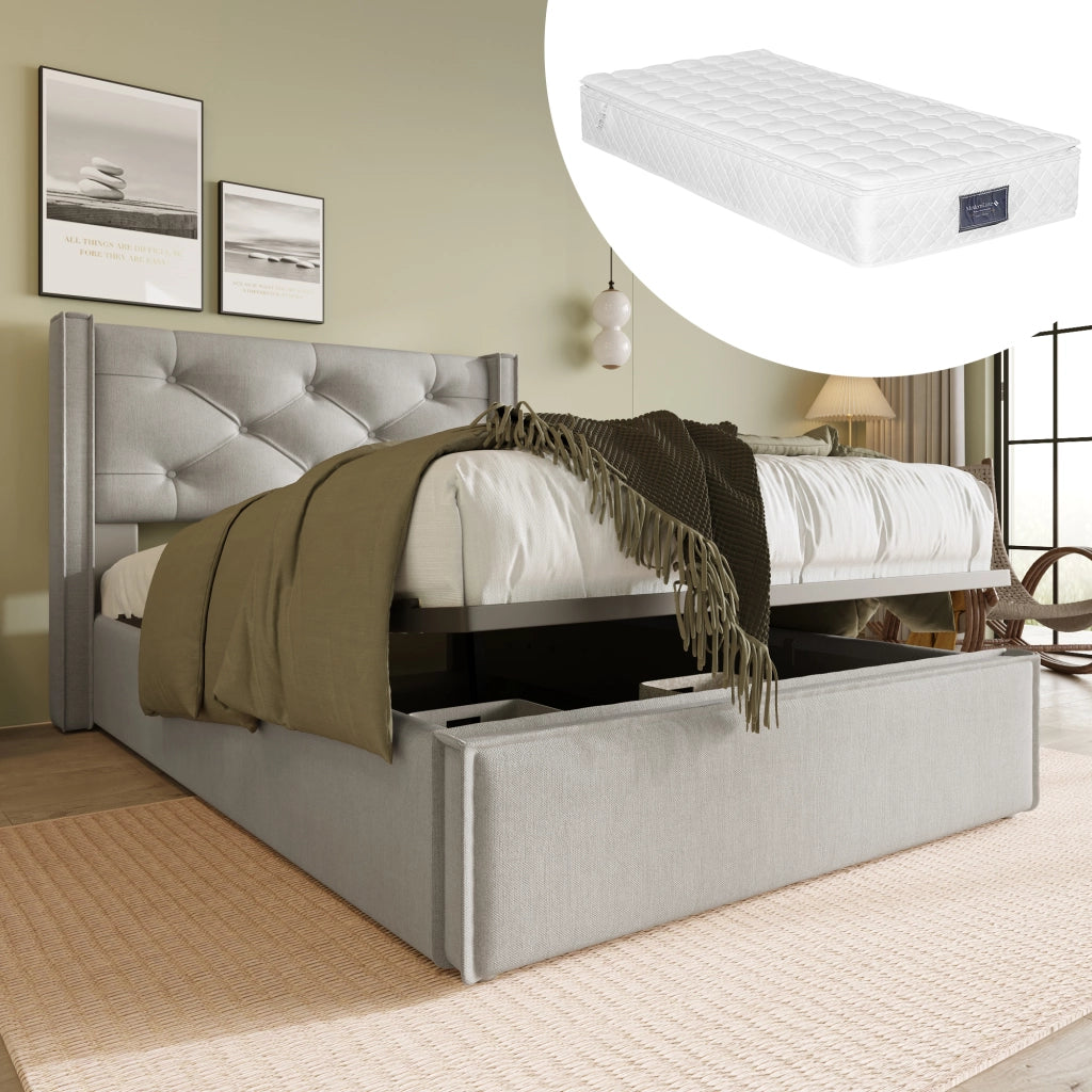 Letto singolo imbottito 90x200 cm con contenitore, rete a doghe sollevabile, grigio chiaro