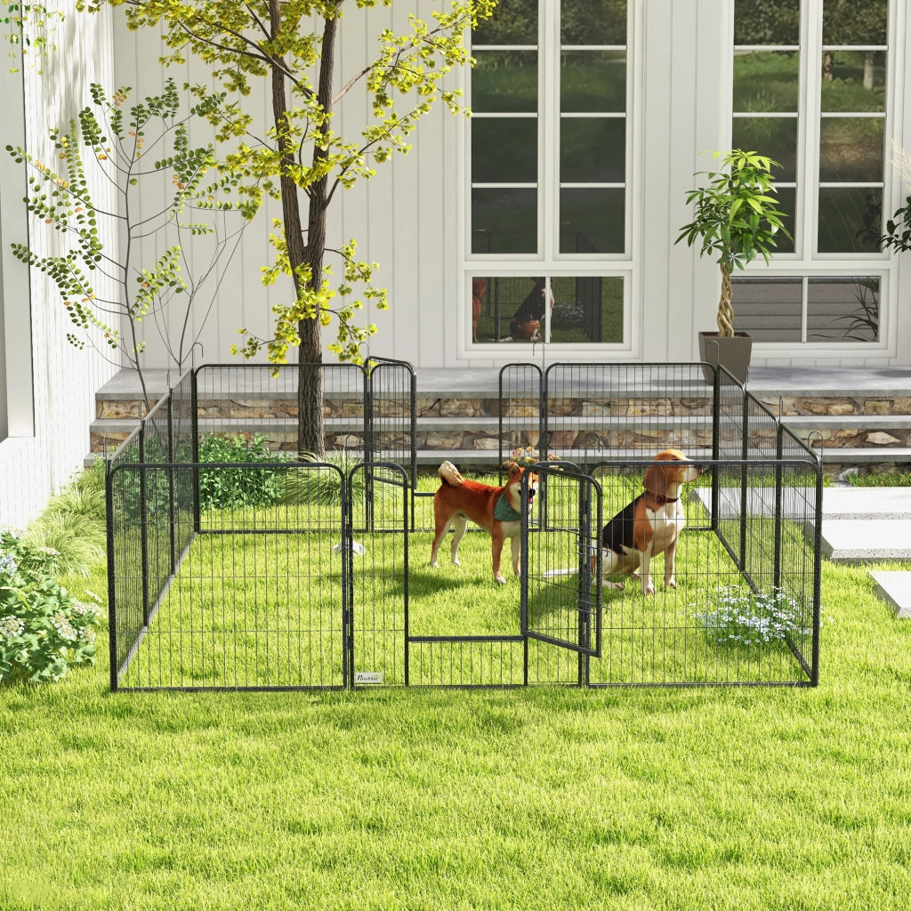 Area giochi configurabile per cani con 12 pannelli e 2 porte pieghevole per interni ed esterni in acciaio grigio