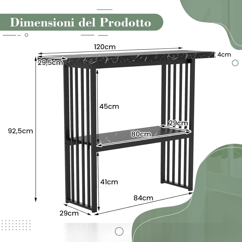 Tavolo da Ingresso Stretto e Compatto, Tavolo da Divano in Finto Marmo con Struttura in Acciaio, Consolle Moderno per Salotto e Corridoio, 120 x 29,5 x 92,5 cm (Nero)