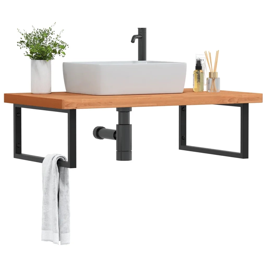 Ripiano a Parete per Lavabo in Acciaio e Massello di Faggio 3302529