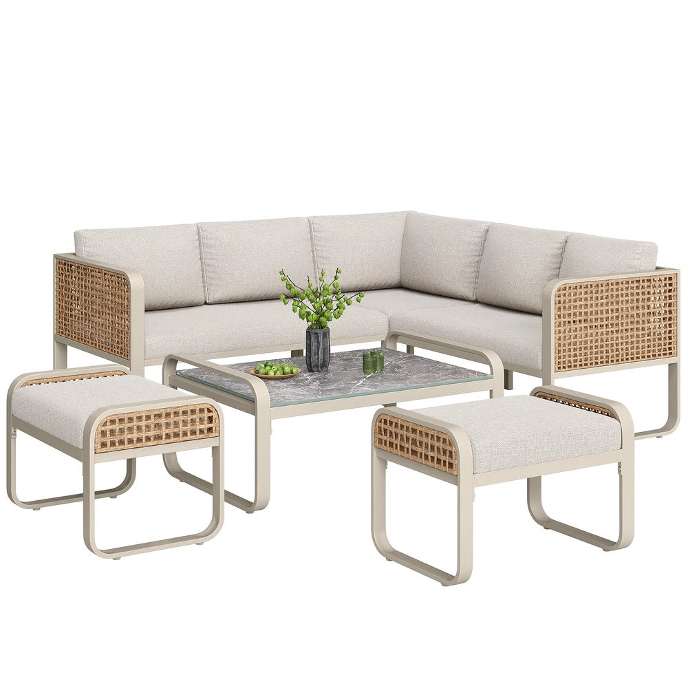 Set da giardino in rattan per 6-7 persone - Zephmum - Divano angolare con gambe regolabili, cuscini inclusi, beige