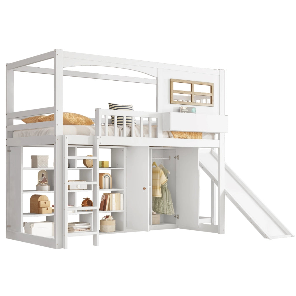 OKWISH Letto a Castello 90×200 cm, Letto Singolo con Armadio, Mensole, Scala a 4 Gradini e Scivolo, con Contenitore, senza Materasso