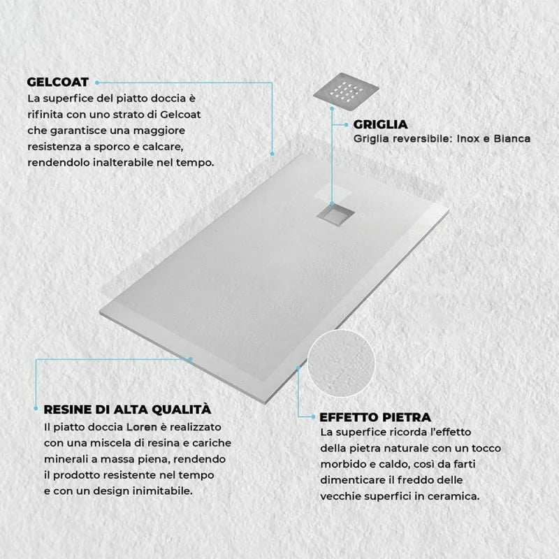 Piatto doccia resina 80x100 semicircolare destro bianco pietra riducibile   Loren