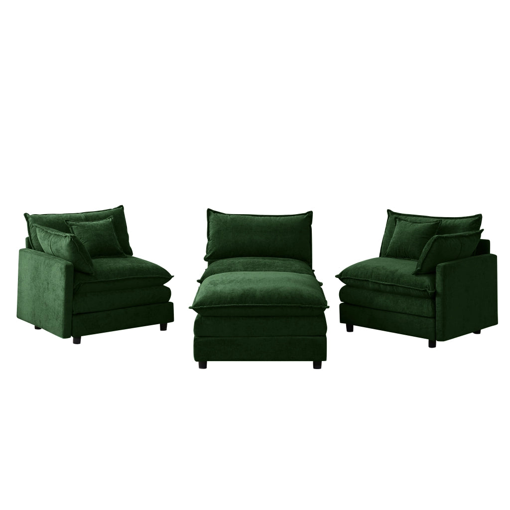 Divano angolare modulare 3 posti con chaise longue e pouf in tessuto chenille verde 267×154×85 cm