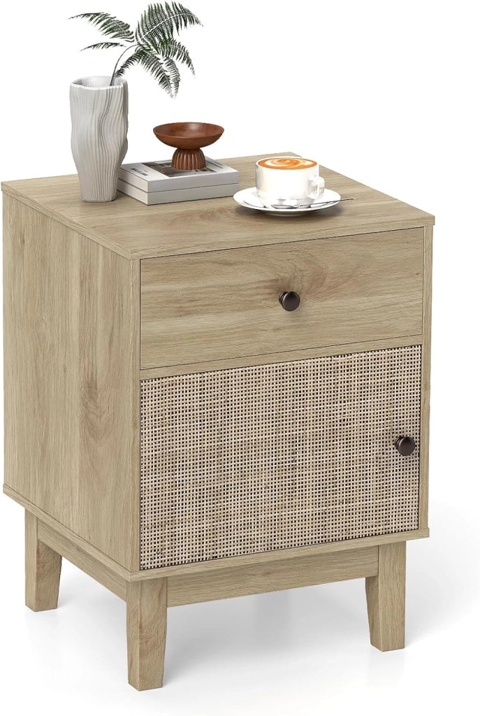 Comodino in rattan boho con cassetto e spazio di archiviazione, comodino, gambe in legno, console da notte, con protezione anti-ribaltamento, piedini antiscivolo, 40 x 39 x 55 cm (naturale)