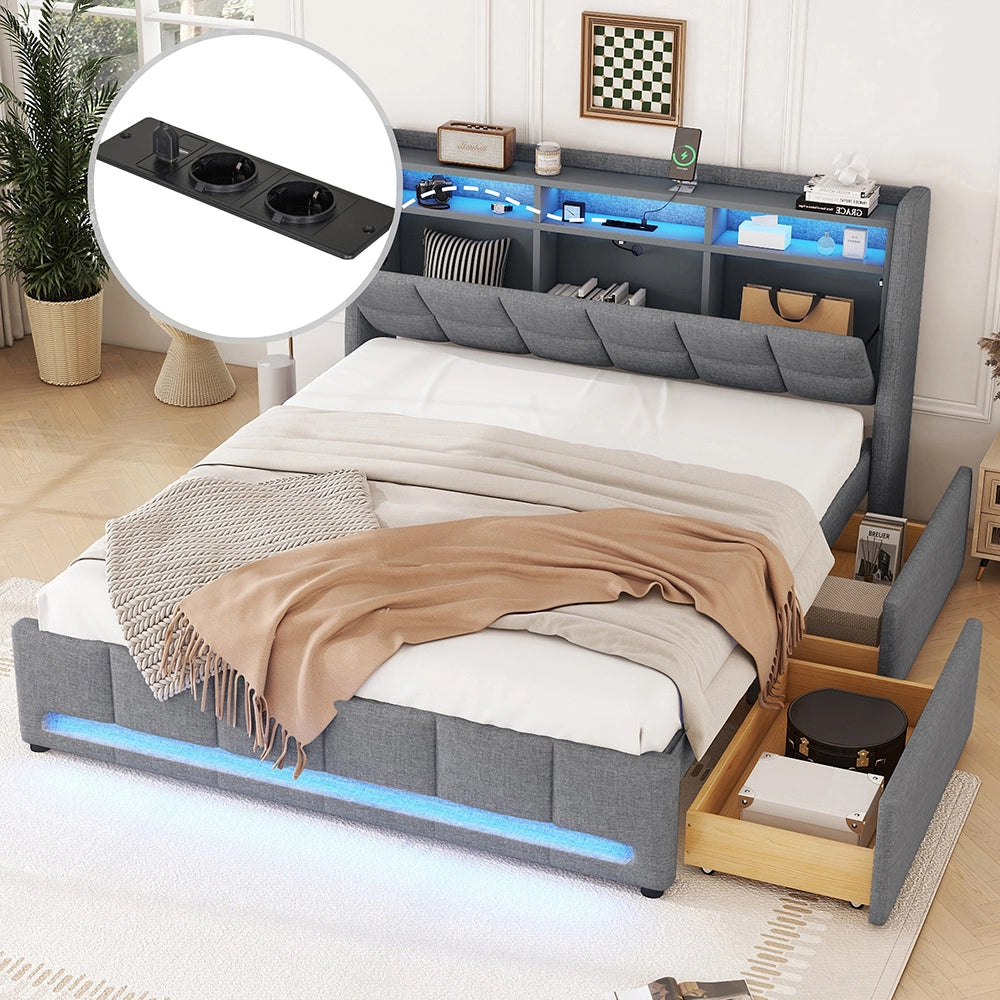 Letto con cassetti - Xylo - 140x200 cm - Grigio - Luci ambientali telecomando USB