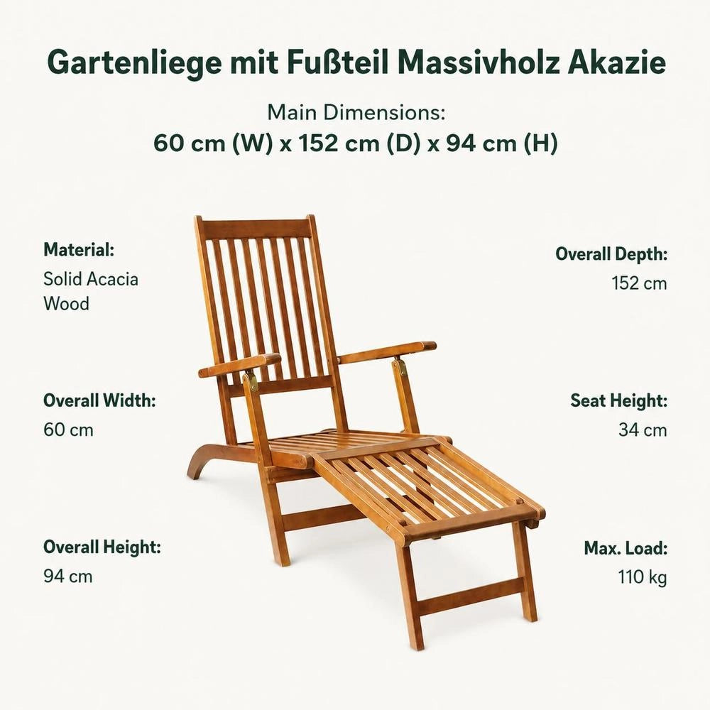 Garden Lounger With Footrest, Solid Acacia Wood