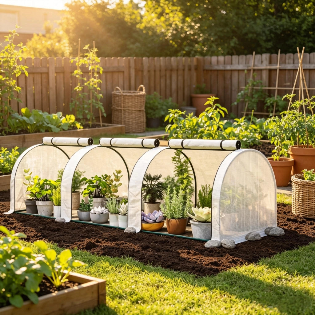 Serra a tunnel con 3 porte con cerniera protezione UV per ortaggi in acciaio e PE bianco 295 × 100 × 80 cm