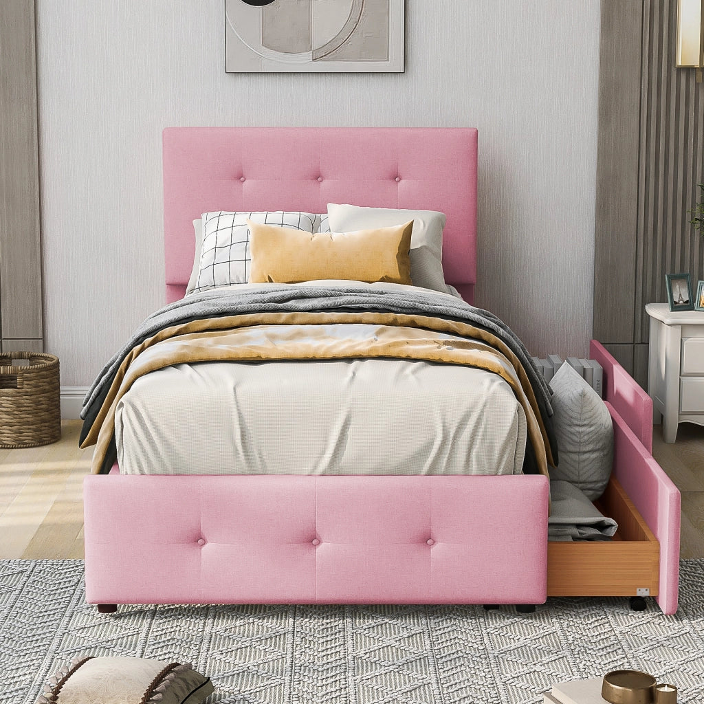 Letto singolo 90×200 cm con rete e cassetto; senza materasso; velluto; rosa