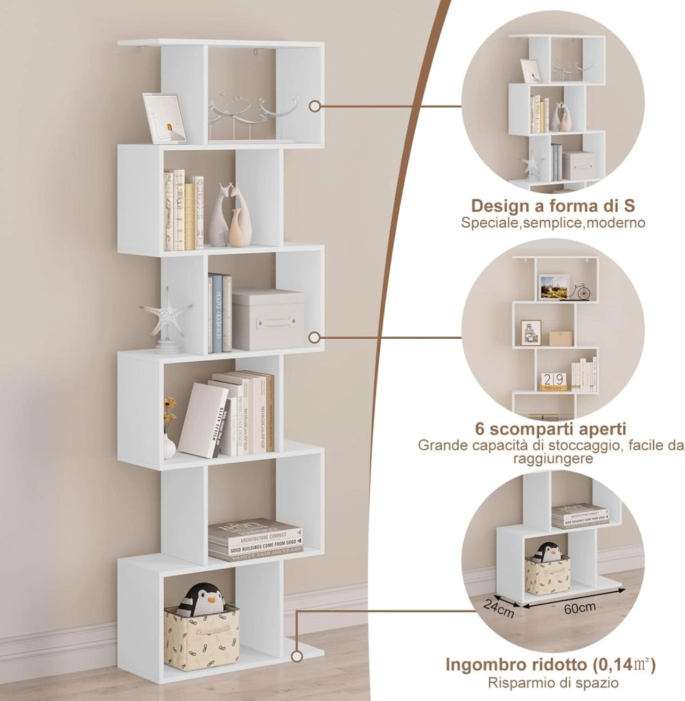 Libreria Verticale a 6 Livelli, 6 Scomparti a Giorno, Scaffale Salvaspazio Bianco, per Camera da Letto, Studio, Ufficio, Soggiorno, Forma di S, in Legno, SK044ws