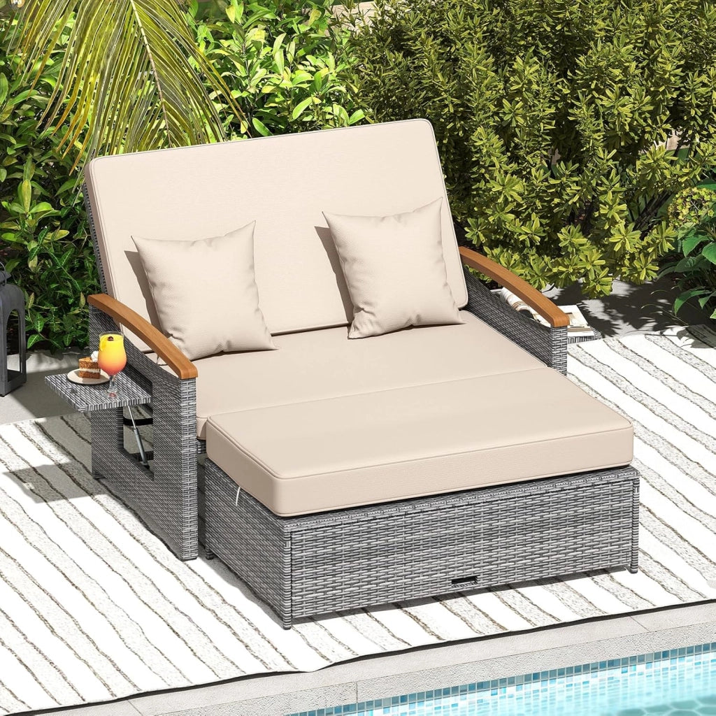 Lettino Prendosle da Giardino con Cuscino per 2 Persone, Divano in Rattan con Panca Contenitore, Schienale Regolabile a 4 Livelli e Vassoi Laterali Estraibili per Balcone e Terrazza