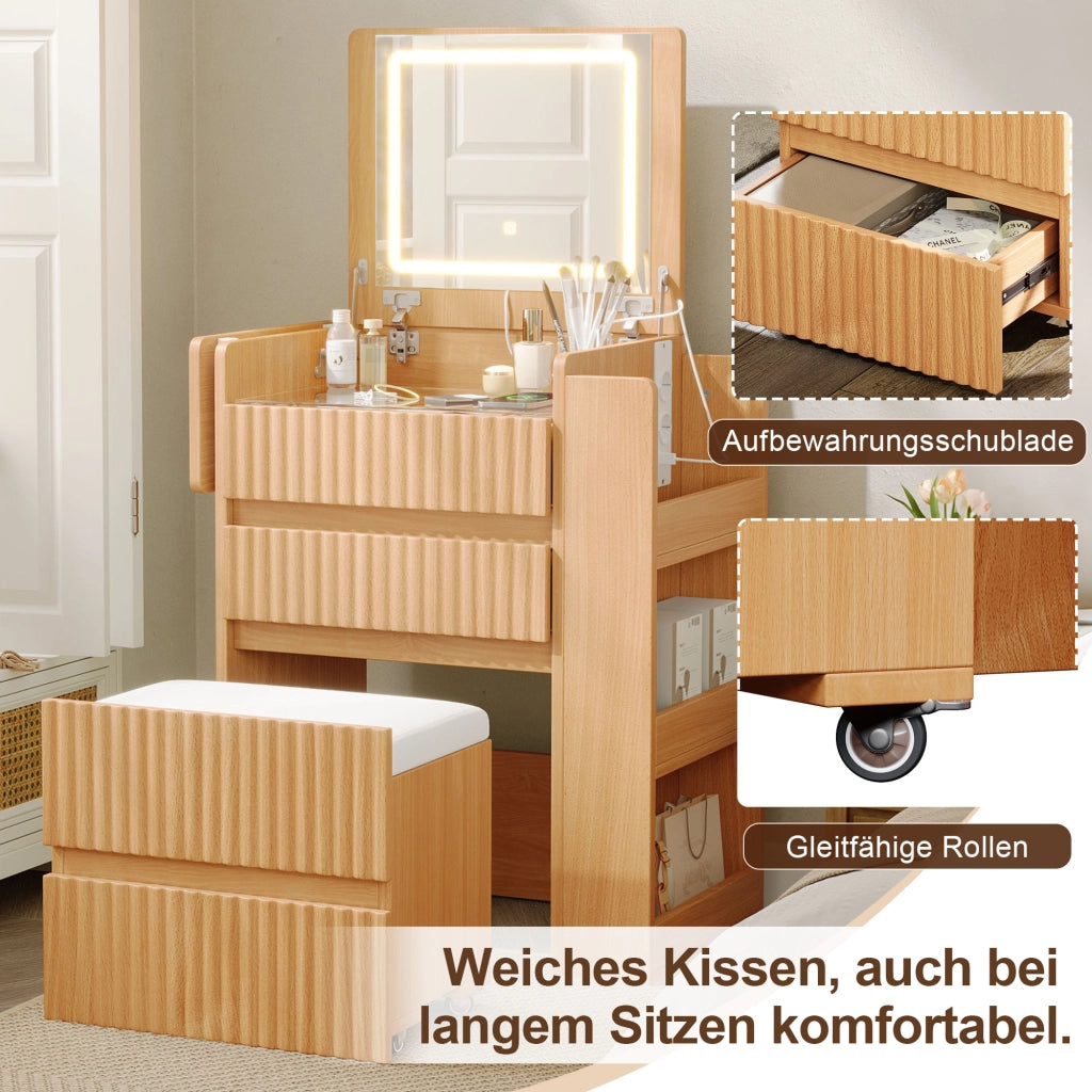 TOELETTA con specchio LED pieghevole 79x120x40 cm Natural con sgabello