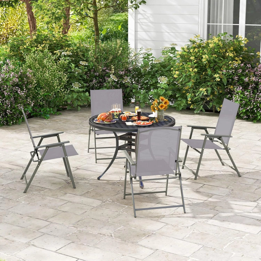 Set di 4 sedie da giardino pieghevoli, con schienale alto e bracciolo, in metallo e tessuto, portata fino a 150 kg, colore: grigio