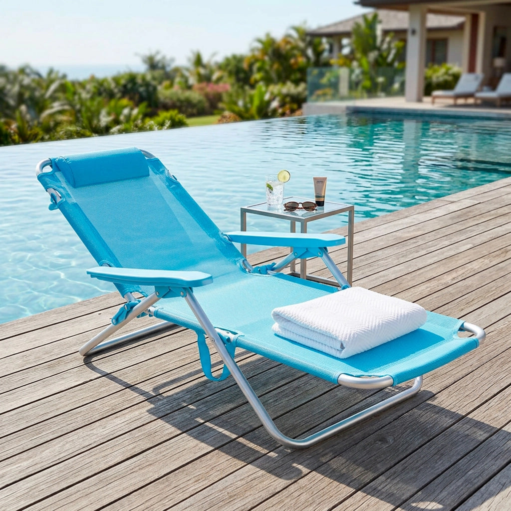 Spiaggina Reclinabile Da Mare Con Poggiatesta Imbottito Sedia Pieghevole Trasformabile In Lettino Per Campeggio Spiaggia Relax Outdoor 53 x 62 x 77 Cm Azzurro