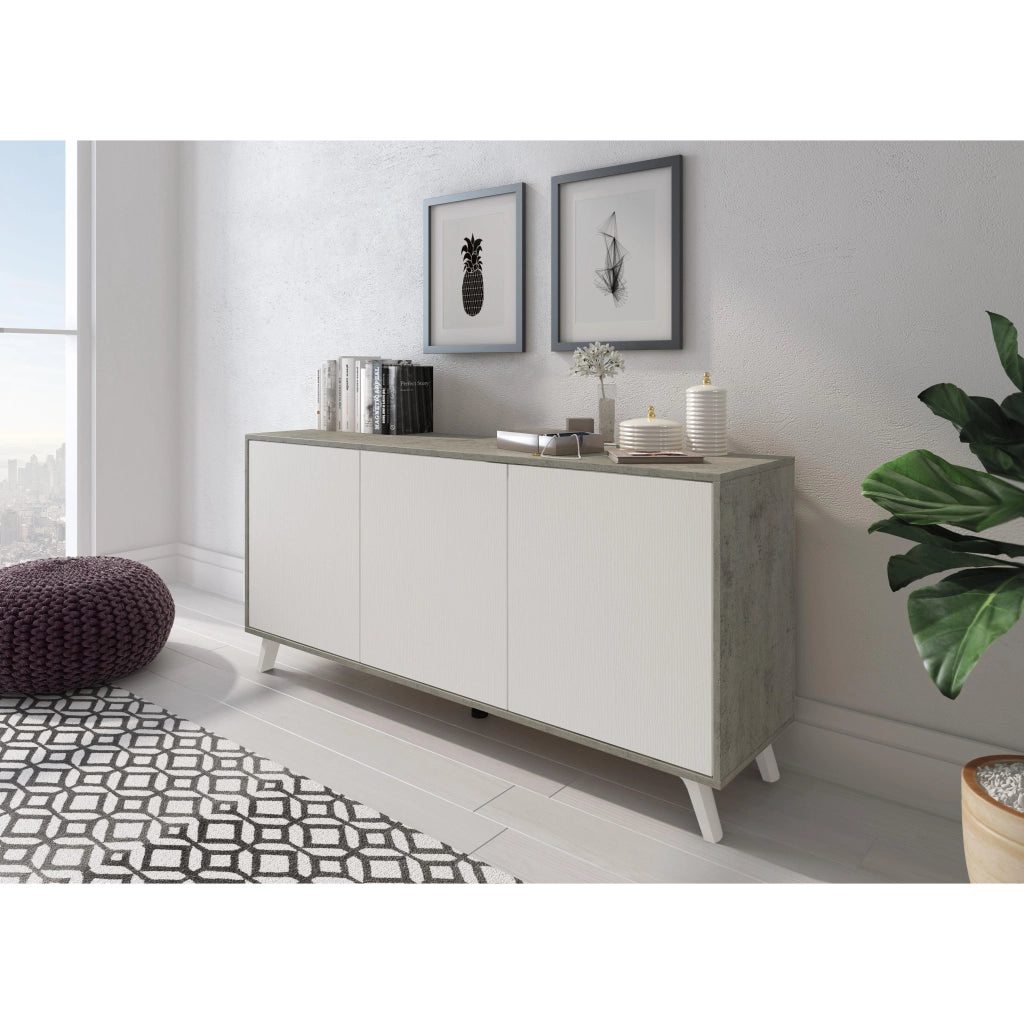 Madia Moderna Credenza 3 Ante Design Minimal Senza Maniglie Con Piedini Rialzati Per Salotto Soggiorno Corridoio Ingresso 154 X 72 X 40 Cm Bianco E Grigio Cemento