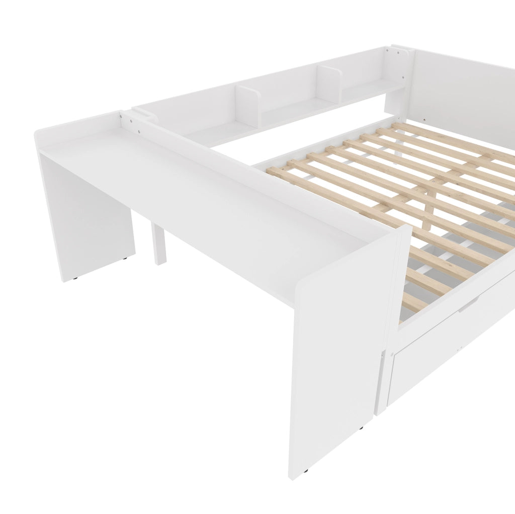 Letto 140x200 cm con scrivania; cassetti e ripiani in legno bianco