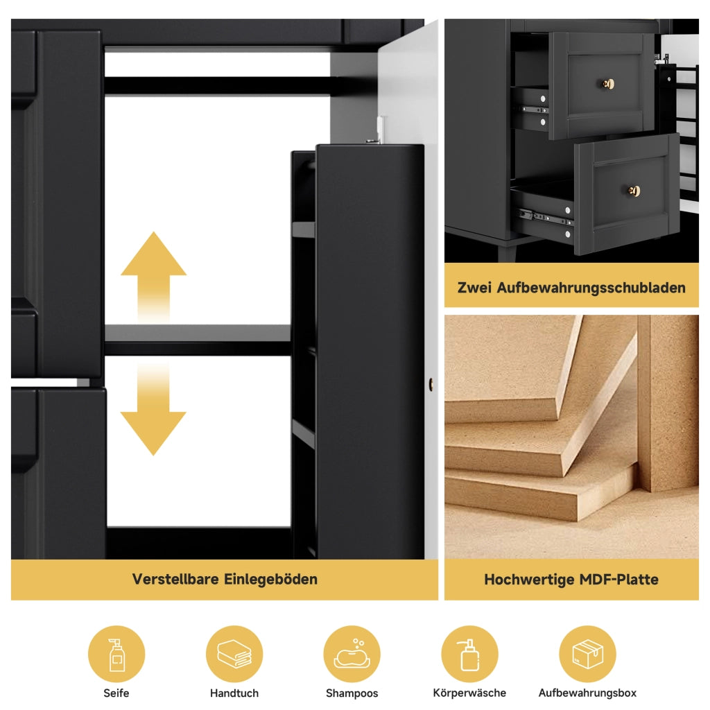 Mobile sottolavabo da bagno con lavabo in ceramica, 2 cassetti e ante, gambe in legno, nero 76 × 46 × 86,5 cm