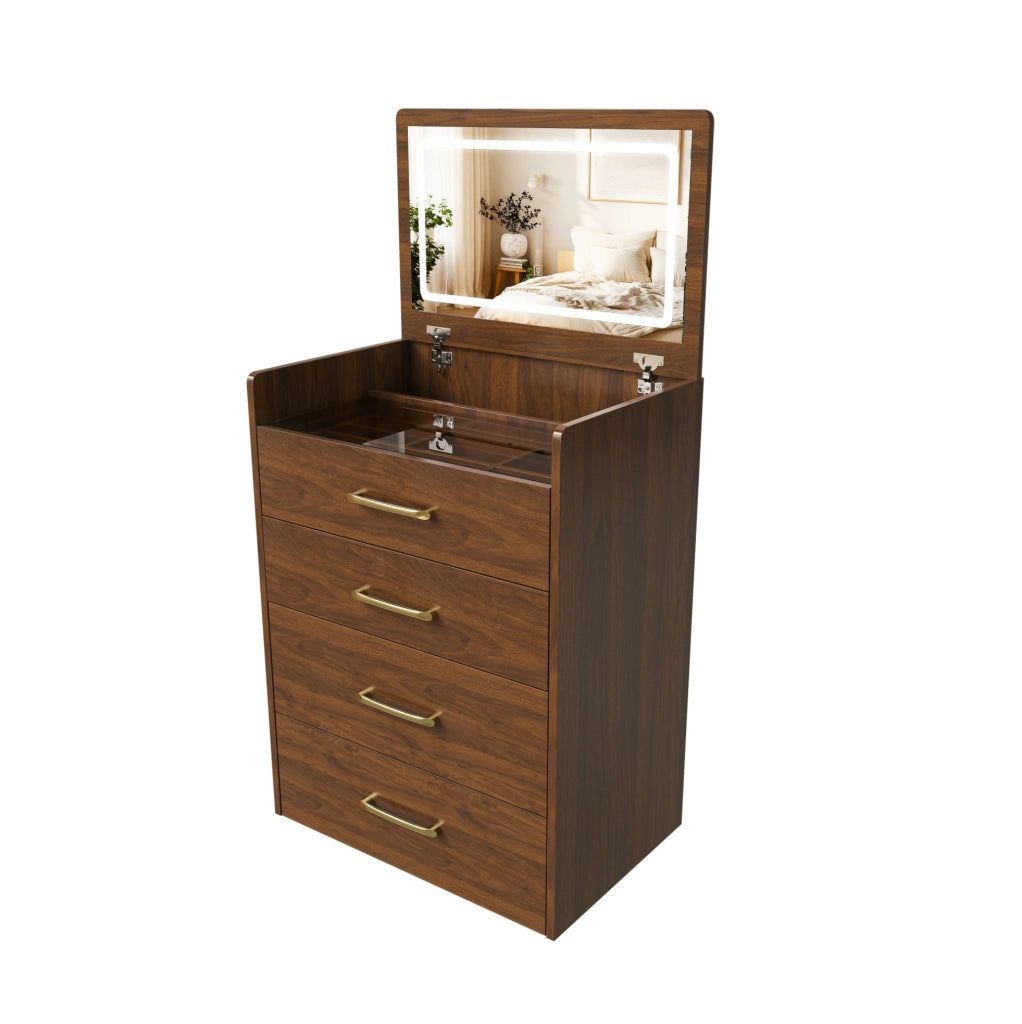 Toeletta 3 in 1 con specchio apribile e piano in vetro; MDF; noce