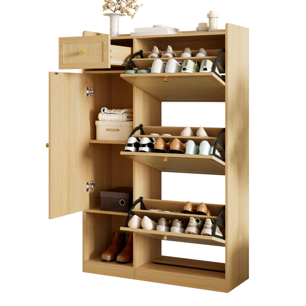 Scarpiera slim in stile rattan con 3 ante ribaltabili, cassetto e vano laterale, 80,5 ¡Á 25 ¡Á 125 cm, colore naturale