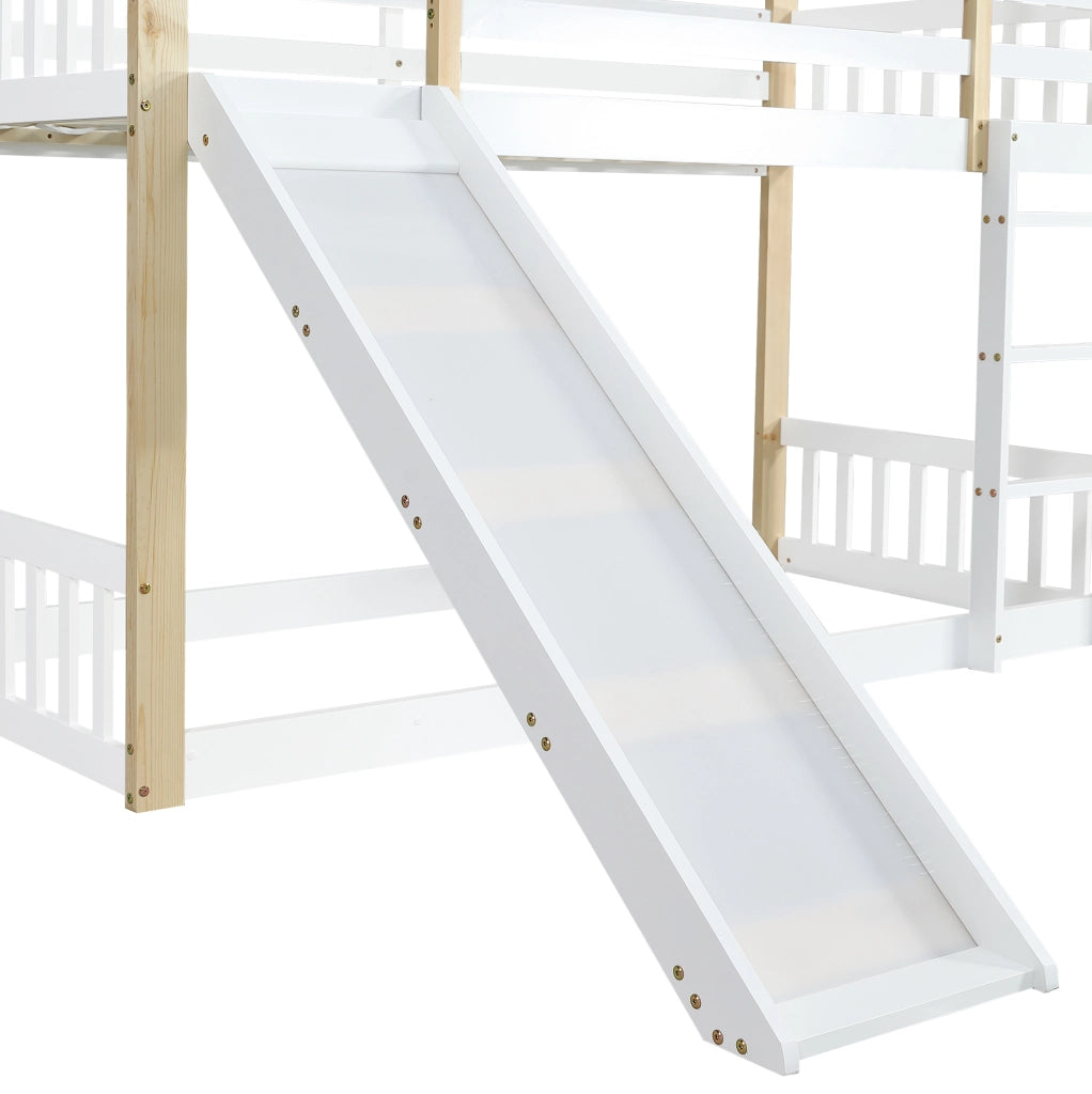 Letto a castello 90x200 cm con scivolo e scala a tre gradini in legno e MDF bianco e colore naturale