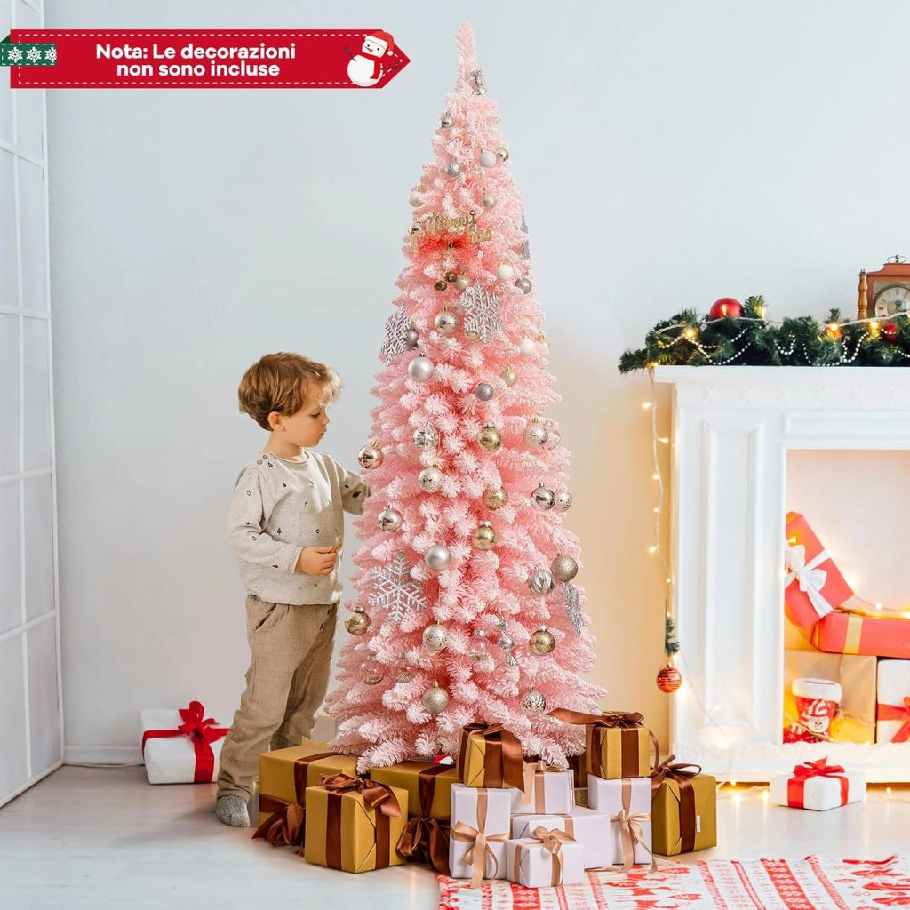 Albero di Natale Slim Rosa 150/180 cm, Albero di Natale Innevato con 328/460 Rami e Supporto Metallico Pieghevole, Albero per Decorazione per Feste in Casa e Ufficio (180 CM)