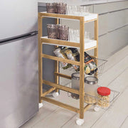 Carrello Cucina Slim Salvaspazio Legno Bambu 4 Ripiani 2 Vassoi 2 Cestelli Ruote