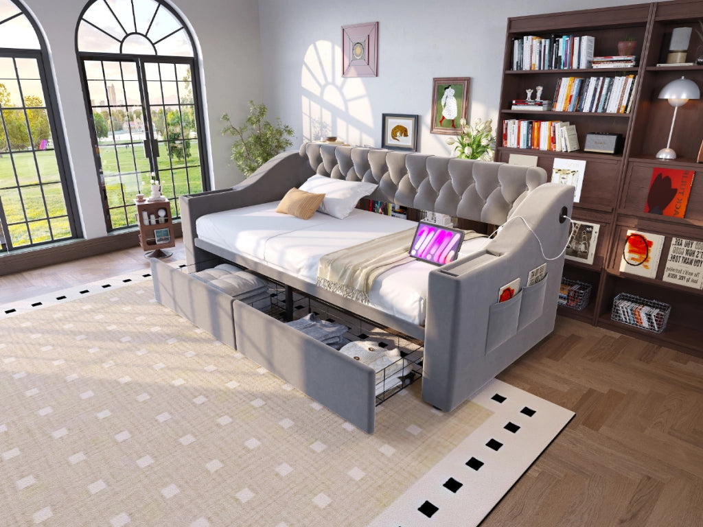 DESMIU Divano letto 90 × 190 cm 1 posto con cassetti, USB e Type-C, senza materasso, in velluto, grigio chiaro