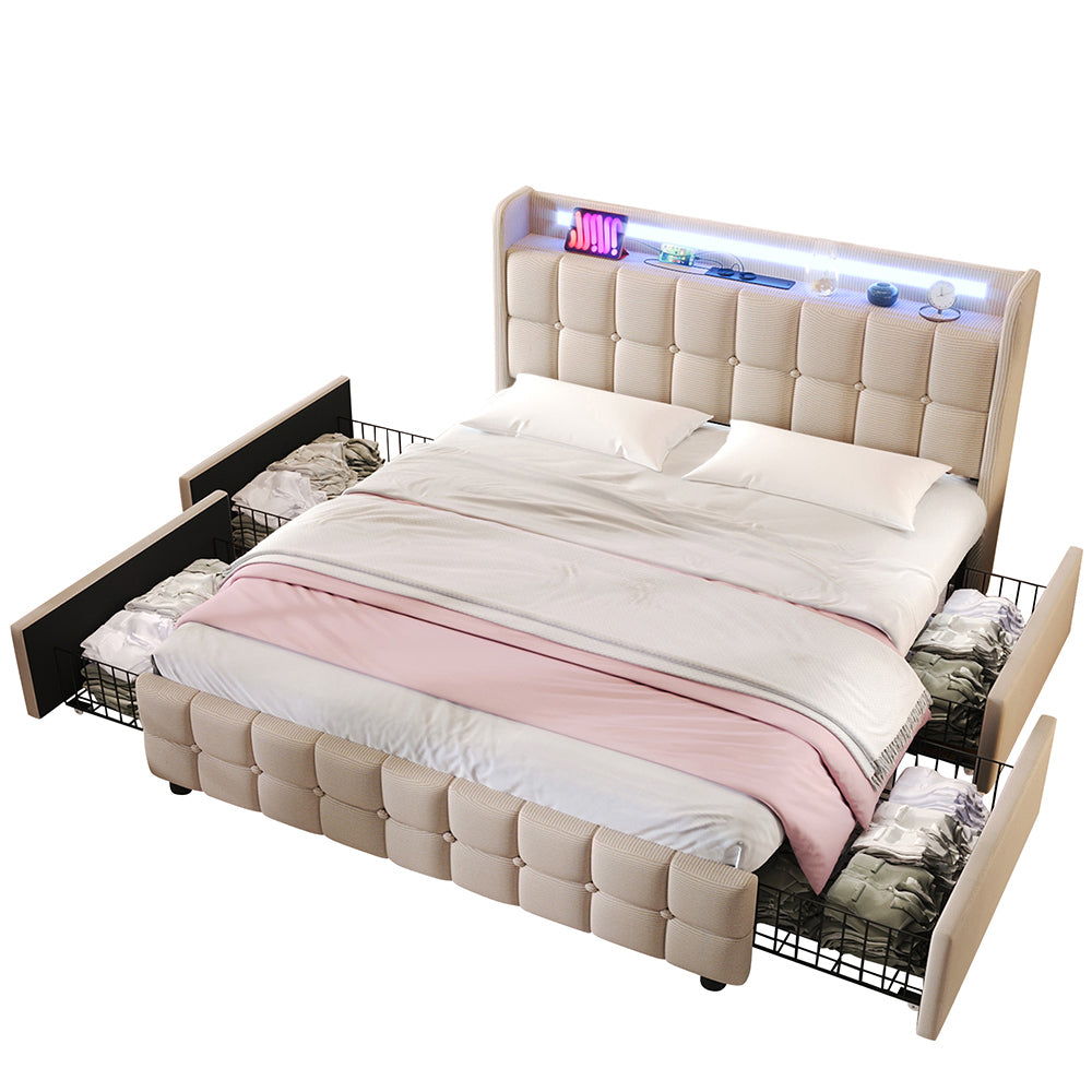 Letto imbottito 140x200 cm - Xylo - USB, LED, 4 cassetti