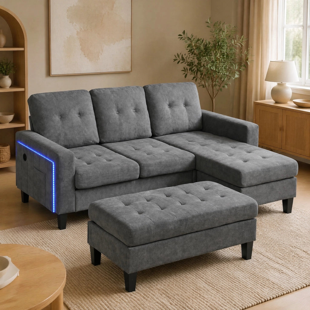 Divano letto modulare a L con pouf mobile; LED e USB; tessuto chenille grigio anticato