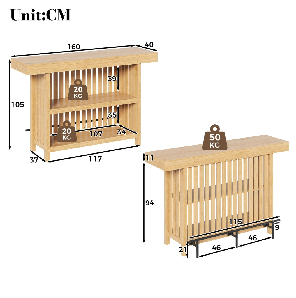 Tavolo Bar Compatto con Porta Piedi e Ripiani a 2 Livelli, 160x40x105 cm, MDF