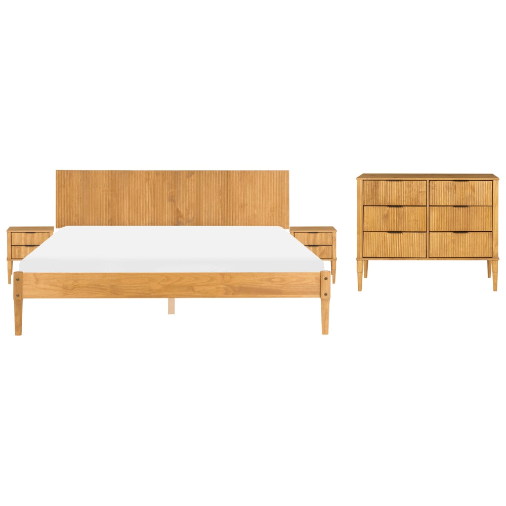 Set da camera da letto in legno di pino letto matrimoniale con 2 comodini e cassettiera a 6 cassetti 180 x 200 cm marrone chiaro stile scandinavo