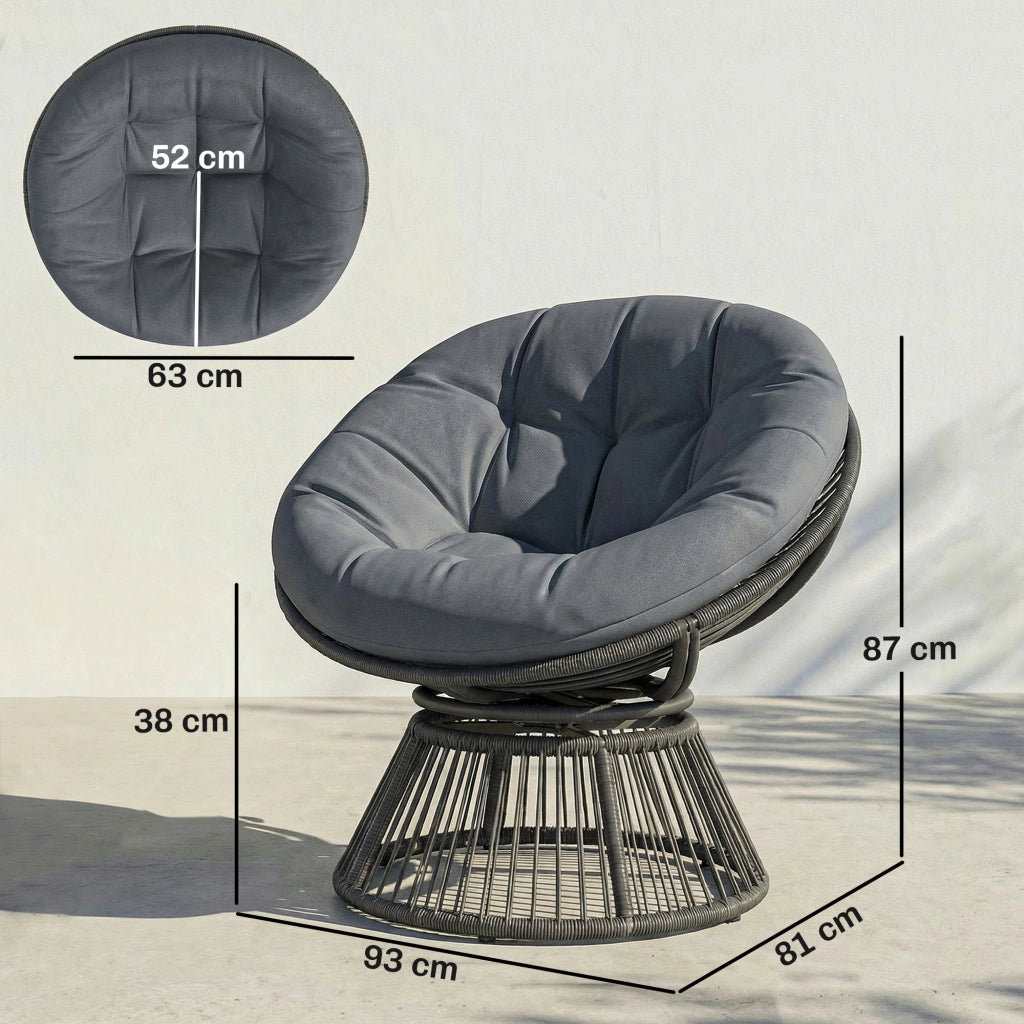 Poltrona a dondolo girevole in vimini con cuscino ¨C zephmum ¨C Grigio, struttura in acciaio