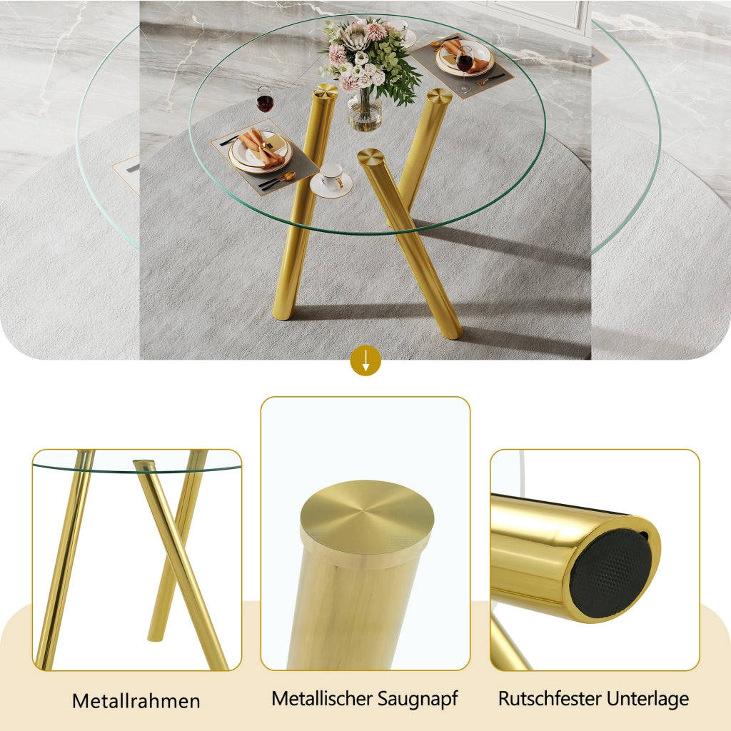 Tavolo da pranzo rotondo in vetro temperato con gambe in metallo dorato per sala da pranzo 89 × 89 × 76 cm