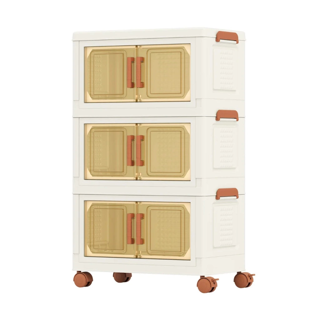 Set di 3 contenitori portaoggetti pieghevoli 43,5 x 25 x 72,5 cm con accesso rapido impilabili e con ruote PP bianco 20_0009955