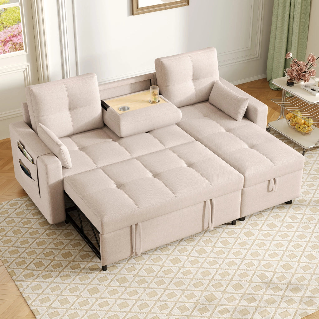 Divano letto angolare modulare L, estraibile, con contenitore, porta bicchieri e rivestimento in lino beige