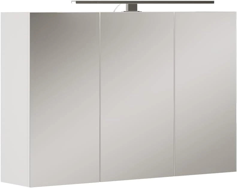 Mobile a specchio per il bagno Lavio, Bianco, 100 x 60 cm con 3 porte e illuminazione a LED, con ripiano integrato e illuminazione a LED