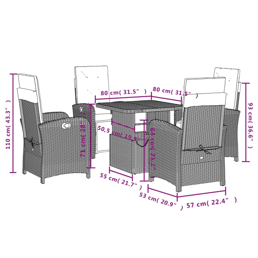 Set da Pranzo da Giardino 5 pz Nero con Cuscini in Polyrattan 3277328