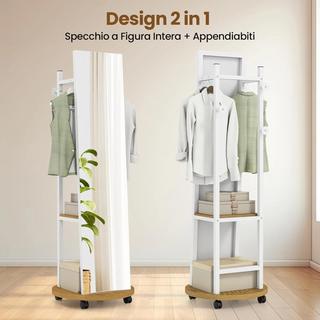 Appendiabiti con Specchio a Figura Intera, Appendiabiti Autoportante con 3 Ganci e Ripiani per Stoccaggio, Specchio da Terra con Ruote per Camera da Letto e Ingresso (Naturale)