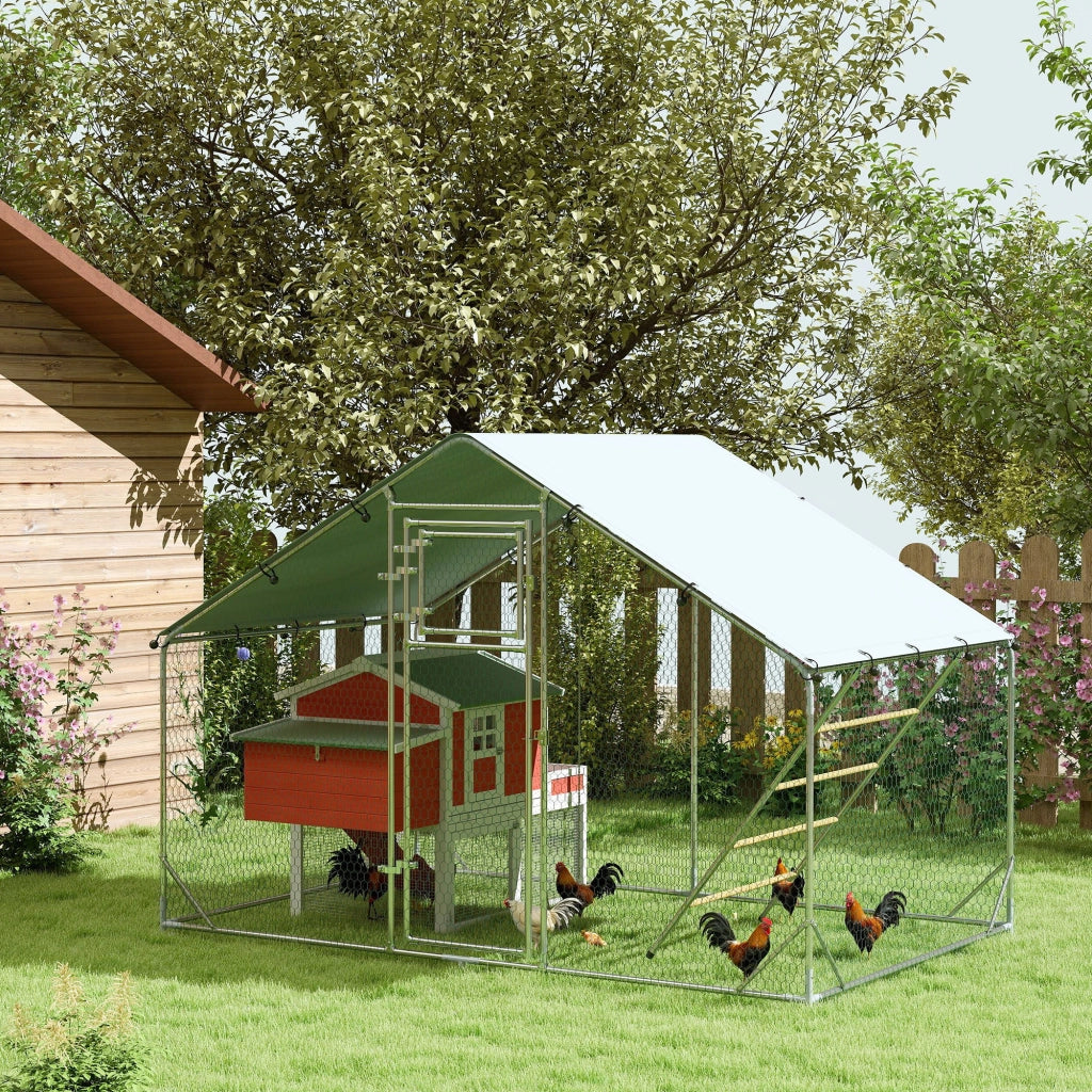 Recinto per Galline da 6m2 per 6-8 Animali con Tetto Impermeabile, Mangiatoia e Posatoio, 3x2x1.9m, Argento