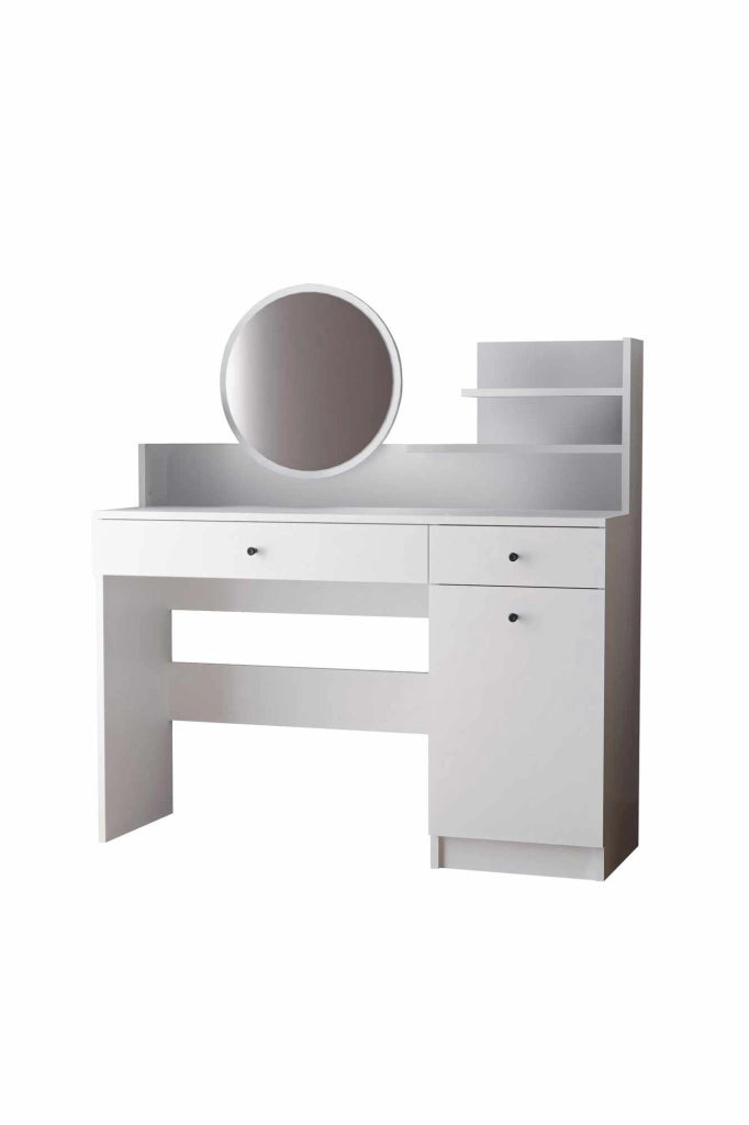 Comodino "Harmony Round" con specchio rotondo in legno - 124 x 40 x 135 cm - Bianco