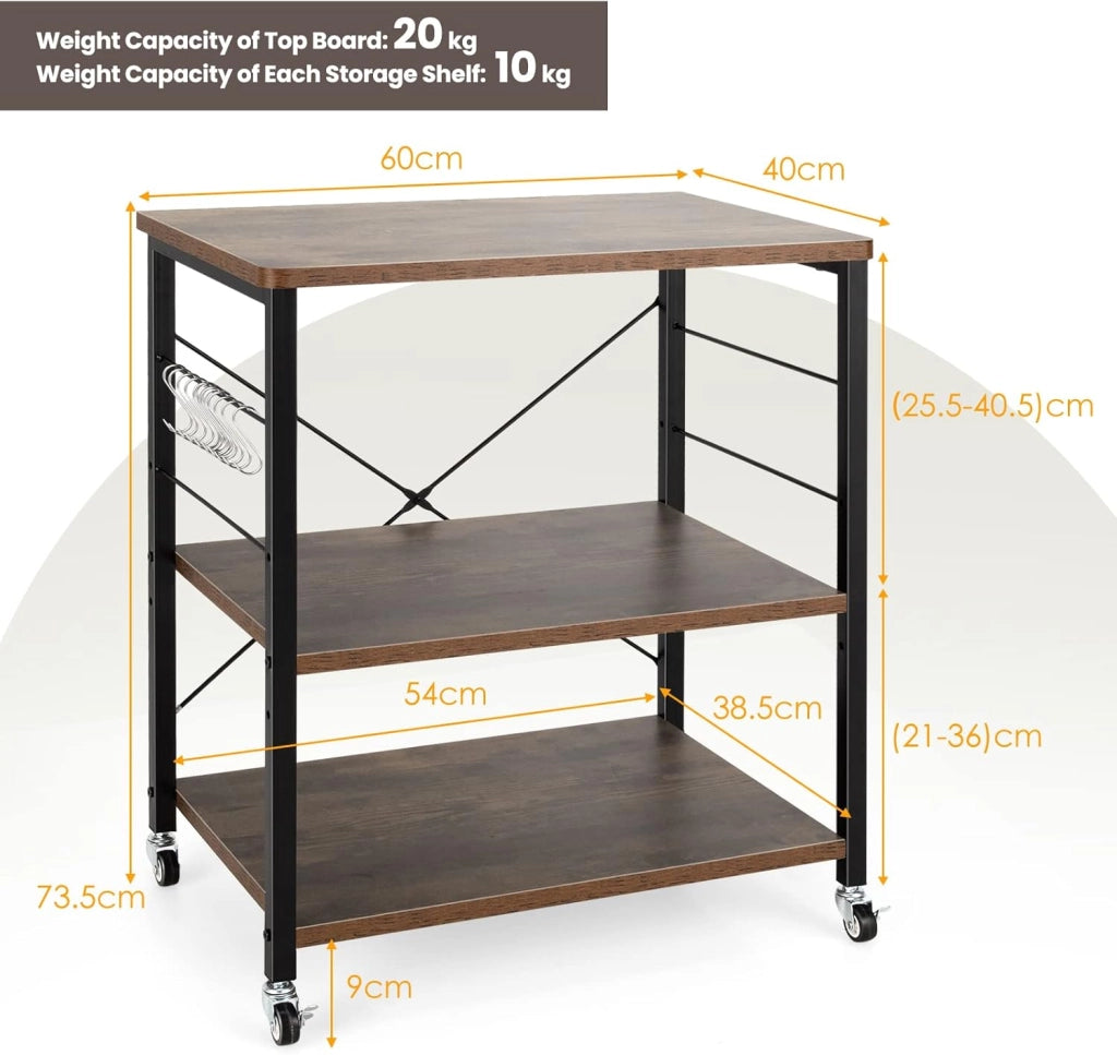 Carrello da Cucina a 3 Livelli con Ripiani Regolabili, Carrello Portaoggetti con 10 Ganci Rimovibili, per Supporto per Microonde, per Cucina e Sala da Pranzo, 60 x 40 x 73 cm (Marrone)