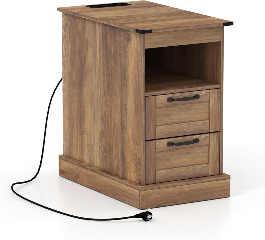 Comodino con Stazione di Ricarica Integrato, Tavolino Laterale in Legno Compatto con Ripiani e 2 Cassetti, per Camera da Letto e Soggiorno, 60 x 35,5 x 62 cm (Marrone)