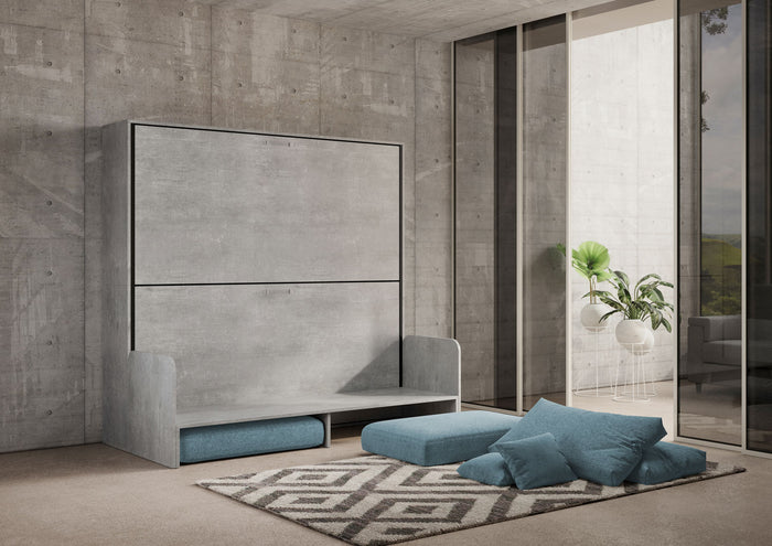 Letto Doppio A Scomparsa Kando Con Divano Cemento e Azzurro