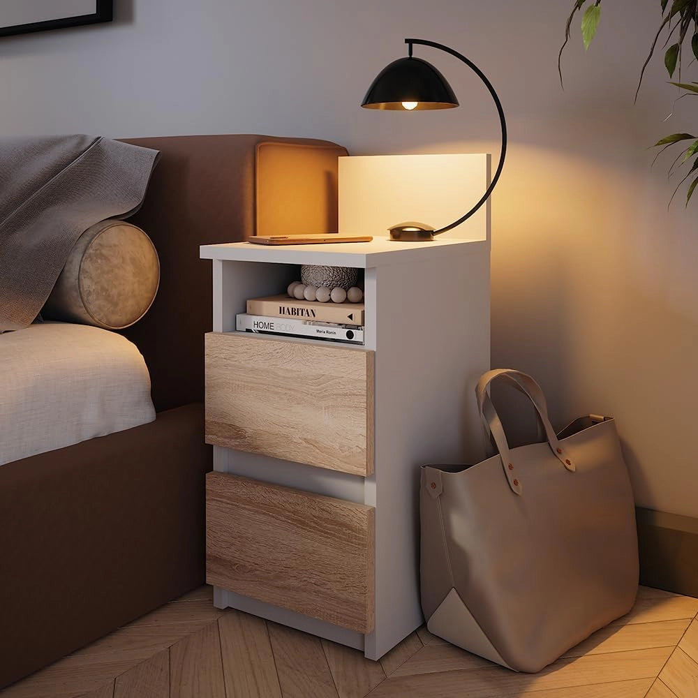 Comodino camera da letto Monty, Bianco/Sonoma, 25 x 59.1 cm con 2 cassetti