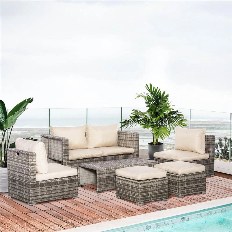 SALOTTO DA GIARDINO IN RATTAN  CON POLTRONE TAVOLINI E SGABELLI BEIGE E GRIGIO